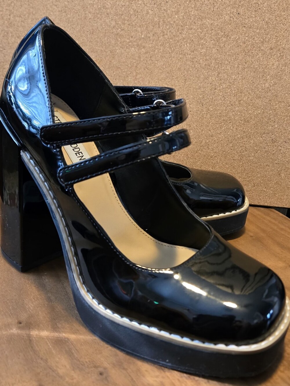 Steve Madden Black Patent Leather Block Heel Square Toe Mary Jane Shoes Size 8